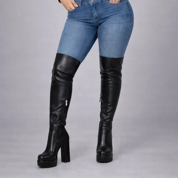 Thigh-High Black Platform Boots β Double Sole - Picture 5 of 15